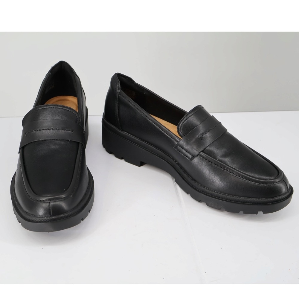 Clarks Calla Ease Black Leather Lug Sole Penny‎ Loafers Comfort Size 11 Wide